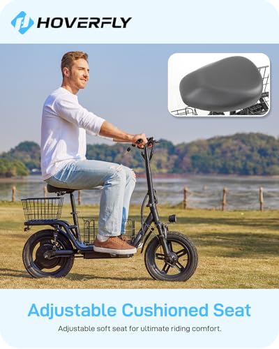 Hoverfly 14" Electric Scooter with Seat Adult, 550W/750W Peak Motor, 18.6/25 Miles Range, 15.5/22Mph Max Speed, Height-Adjustable Comfort Seat, Commuter Escooter with Carry Basket&Accessories