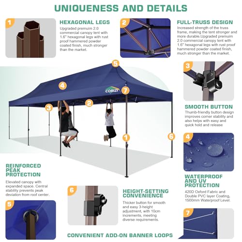 COBIZI 10x20 Pop Up Canopy Tent Heavy Duty with 6 Removable Sidewalls, Commercial Heavy Duty Pop Up Tent for Parties All Weather Waterproof and UV 50+ Wedding Tent with Roller Bag(Frame Upgrade)