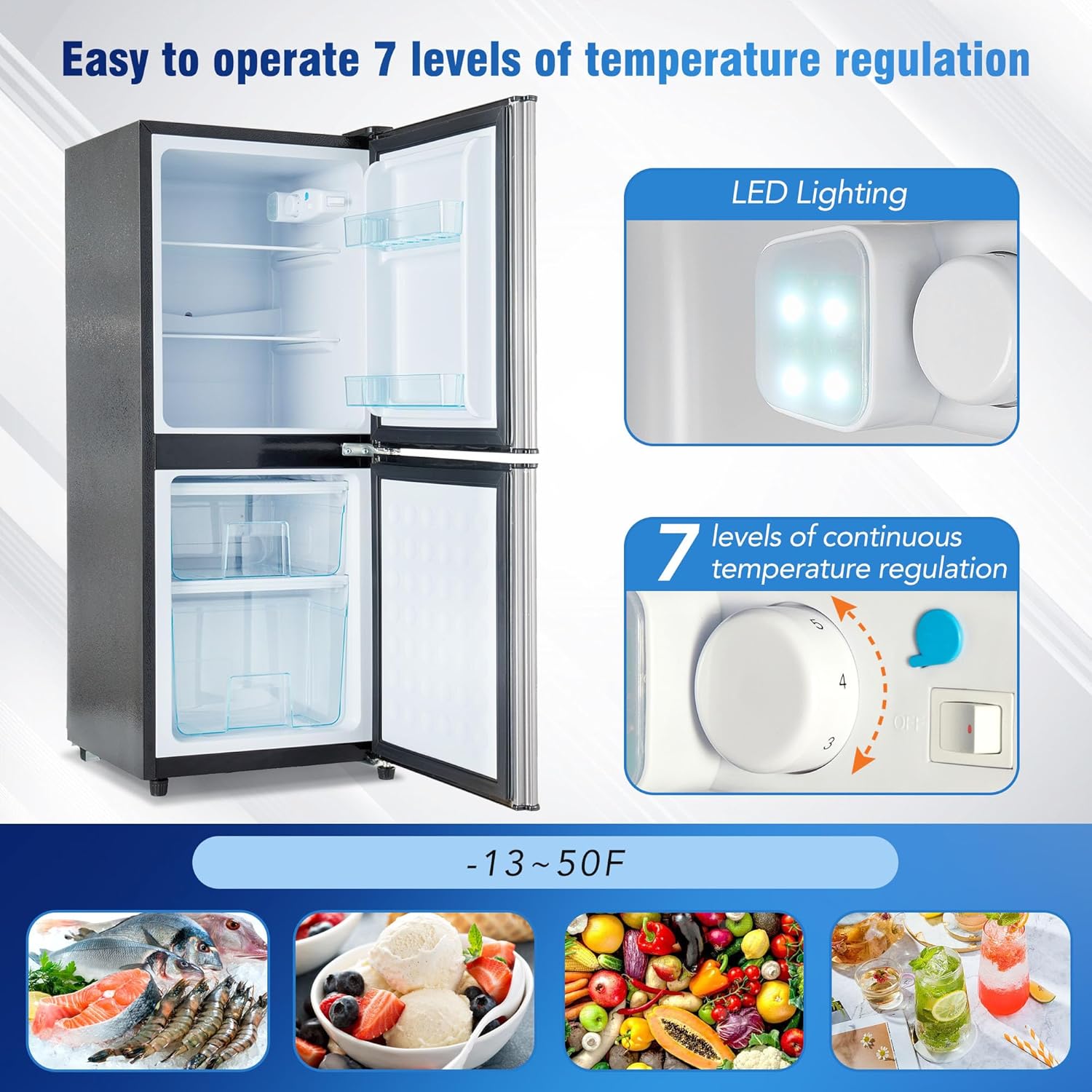 3.6Cu.Ft Refrigerator, Small Fridge with 2.2+1.4Cu.Ft 4 Star Freezer, Refrigerator with Double Door, LED Lighting, Adjustable Shelves, for Homes, Offices, Apartment, 16.73"×17.52"×40.16 "