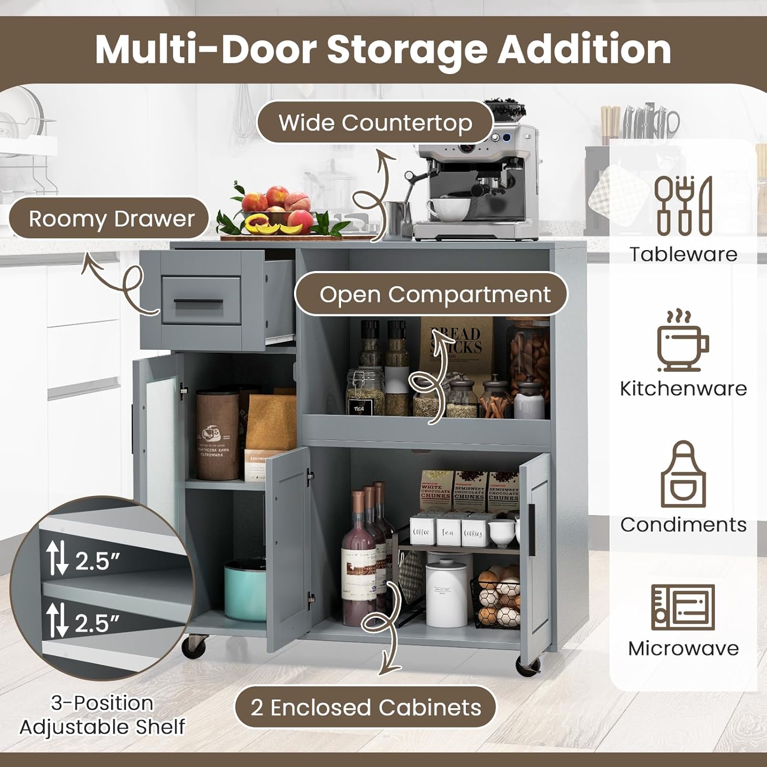 Giantex Kitchen Island with Storage, Mobile Kitchen Cart with Wheels, Tempered Glass Door, Drawer, 3-Level Adjustable Shelf, Microwave Storage Cabinet, Coffee Cart Station for Dining Room, Grey