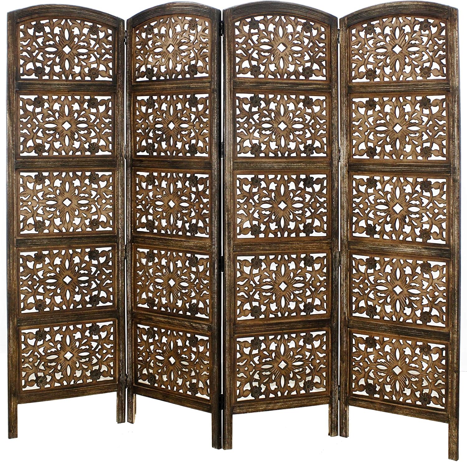 COTTON CRAFT Rajasthan Antique Brown 4 Panel Handcrafted Wood Room Divider Screen 72x80 Intricately Carved on Both Sides Reversible-Hides Clutter,Adds Décor,& Divides The Room Antique Brown Rajasthan