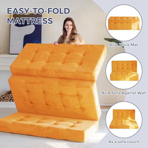 MAXYOYO Tri-Fold Mattress, 6 Inch Tufted Folding Mattress Full Foam Bed, Foldable Floor Mattress Guest Bed Mattress Topper Portable Camping Sleeping Bed with Corded Fabric, Black, 53"x75"