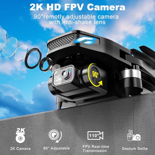 Drone with Camera, 2K HD FPV Drone with Brushless Motor, Altitude Hold, Gesture Selfie, 3D Flips, Waypoint Fly, One Key Take Off/Landing, Foldable Mini Drones for Adults and Beginners