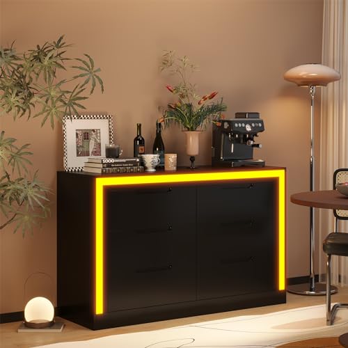 Dresser for Bedroom, 6 Drawer Dresser with LED Light, Black Dressers Chests of Drawers,Organizer Storage Drawers for Hallway, Entryway,Bedroom