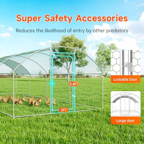Large Metal Chicken Coop, Chicken Run Poultry Cage Hen with Water-Resident and Anti-UV Cover for Duck Rabbit House Outdoor Walk-in Chicken Pen for Yard, Dome Roof(10’ W x 19.7’ L x 6.4’ H)