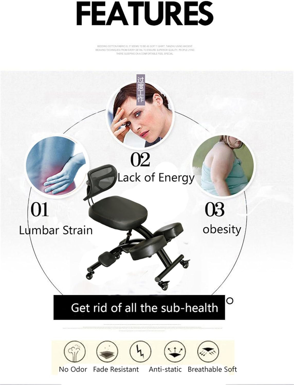 Ergonomic Kneeling Chair with Backrest, Rolling Posture Correction Kneeling Chair Adjustable Posture Knee Stool Chair for Home Office, Black