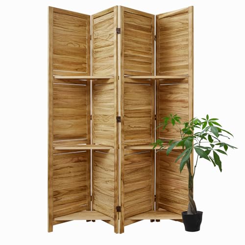 Room Divider with Shelves, 5.6 Ft Tall Folding Wood Screen with Double Hinges for Home Office Bedroom Hotel Decoration (6 Panels, Brown)