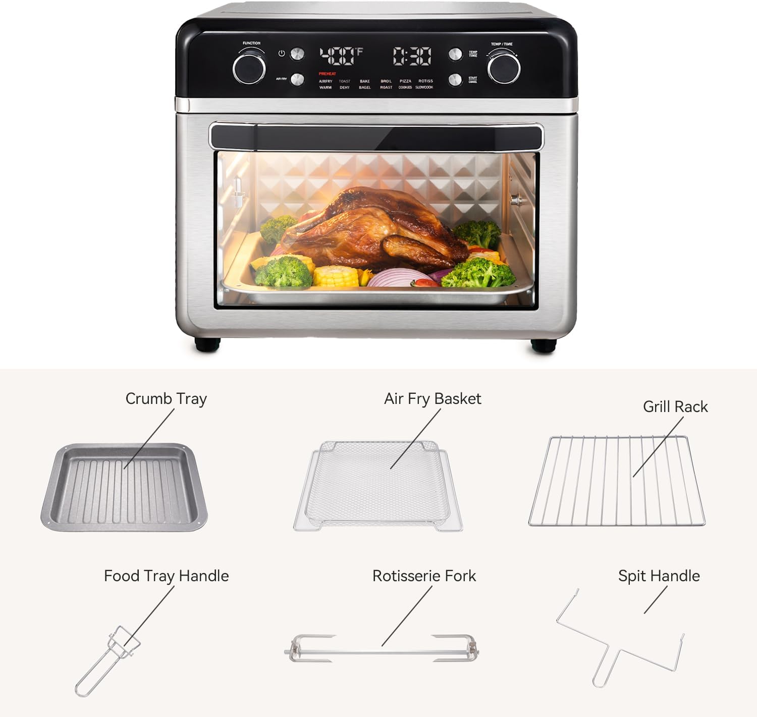 Large27.5QT 12-in-1 Smart Air Fryer Toaster Oven - Multifunctional Convection Countertop Oven Included Accessories and Authentic Chef Recipe Guide