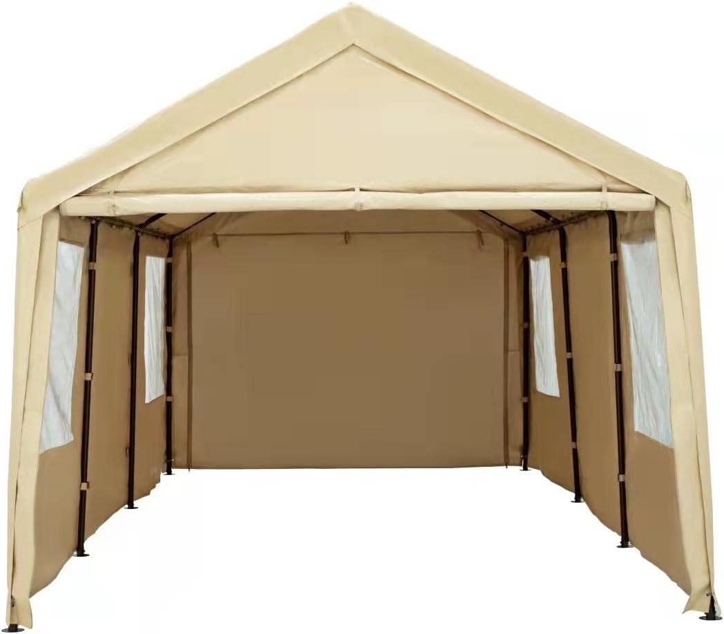 Carport 10x20ft Car Canopy Heavy Duty with Transparent Windows Removable Sidewalls & Doors, All Season and Portable Garage for Boat, Wedding Party, Outdoor Camping, Commercial, UV Resistant (Beige)