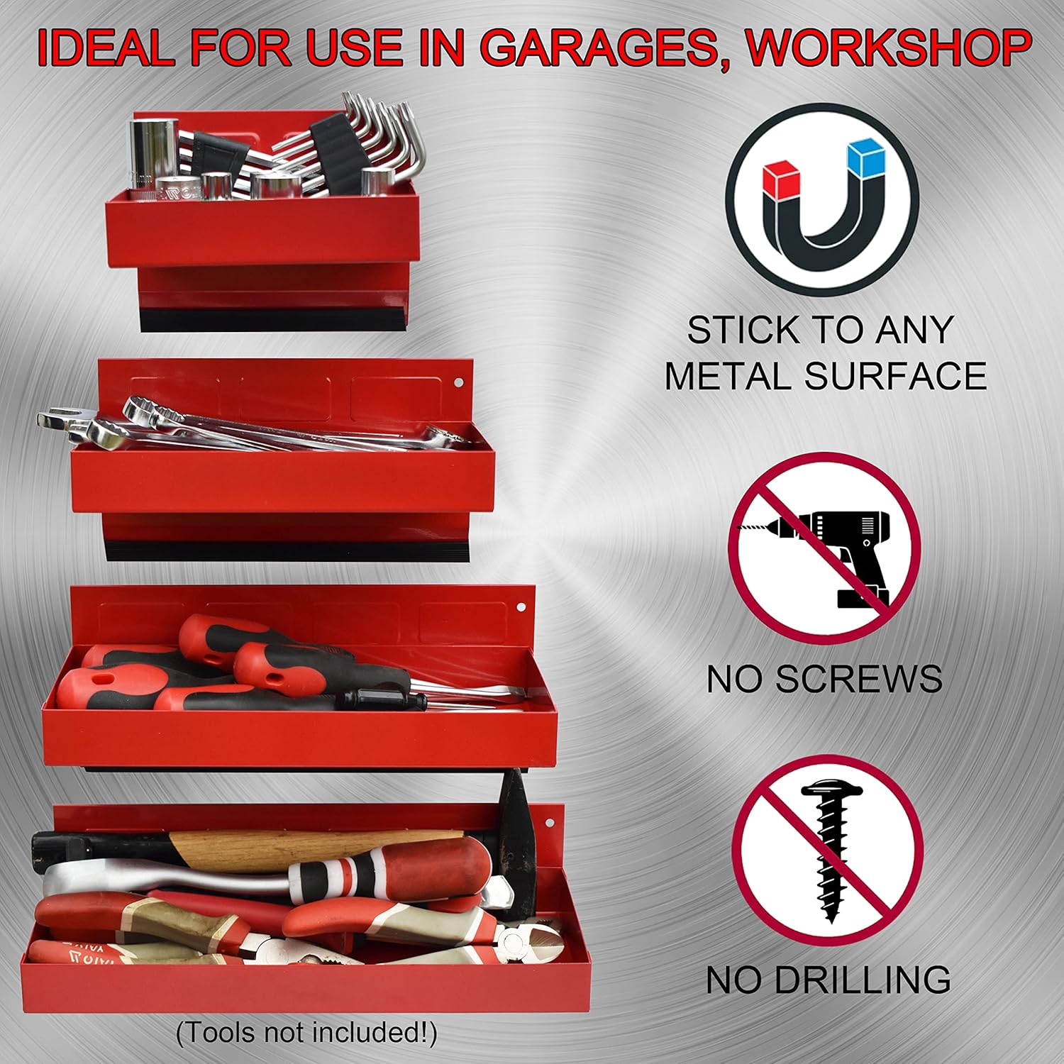 Magnetic Shelf 4-Pcs Set - Red Magnetic Tool Trays - Metal Tool Box with Strong Magnets - Magnetic Storage for Toolbox - Tool Box Accessories for Van Workshop Pack of 2
