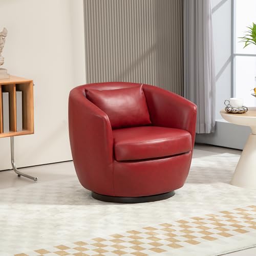 360° Swivel Barrel Chair with Hidden Storage, Modern Upholstered PU Leather Swivel Accent Chair with Pillow, Comfy Single Armchair for Living Room Bedroom, Light Beige