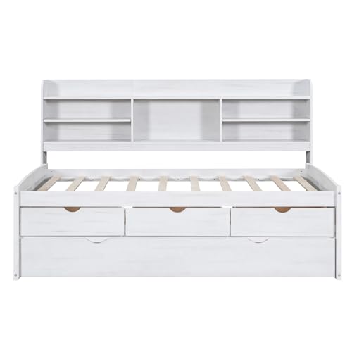 Harper & Bright Designs Twin Size Captain Bed with Built-in Bookshelves/3 Storage Drawers/Trundle, Wooden Twin Daybed Bed Frame for Kids Teens Dorm Bedroom Multipurpose Guest Room, White Wash