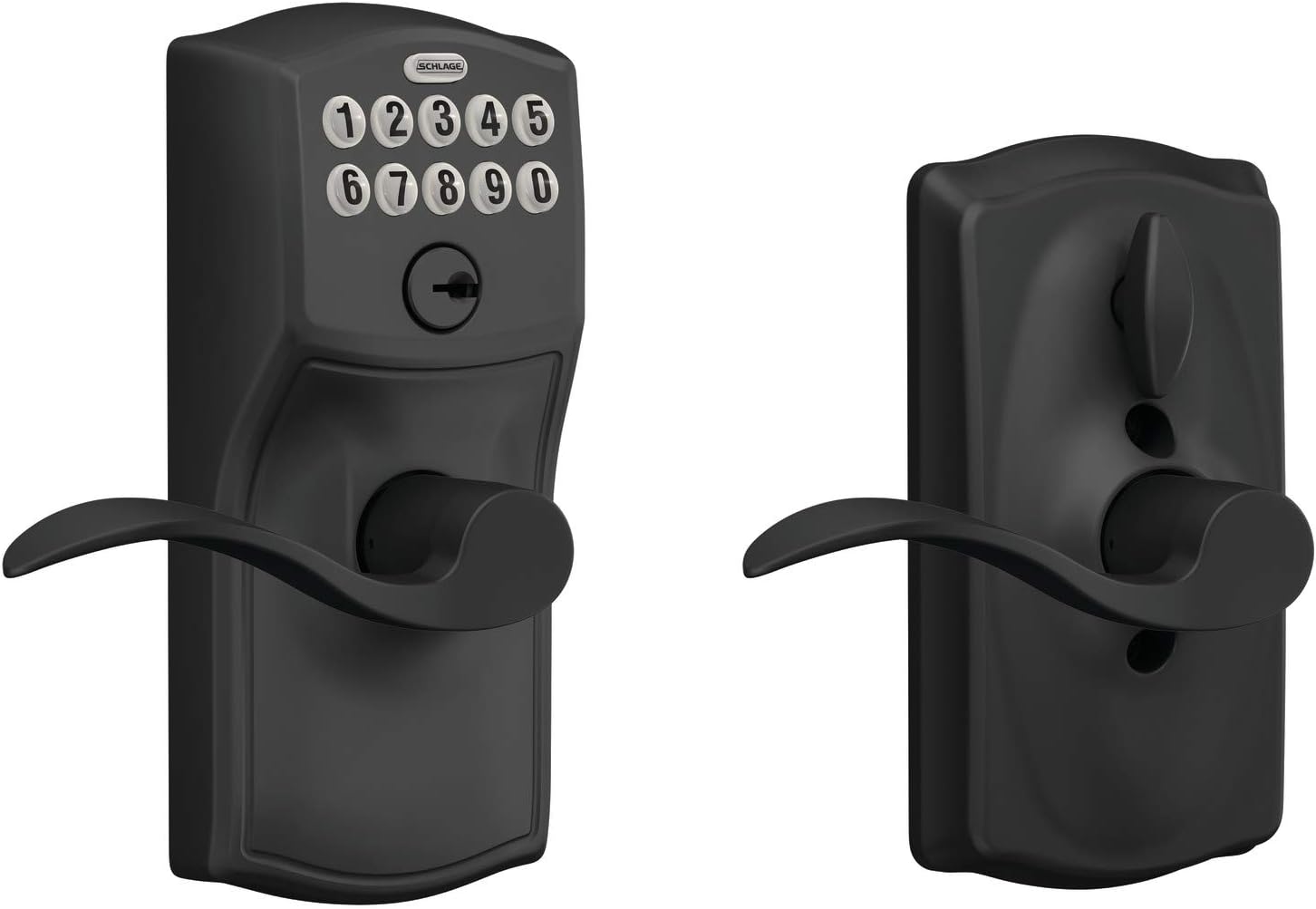 SCHLAGE FE595 CAM 619 GEO Camelot Keypad Entry with Flex-Lock and Georgian Style Knobs, Satin Nickel