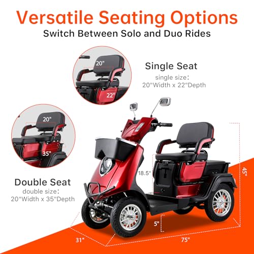 Mobility Scooters for Seniors & Adults 500lbs Capacity - Heavy Duty 4 Wheel Electric Powered Mobility Device, Double Seat Mobility Scooter for Travel, Remote Key (Orange)