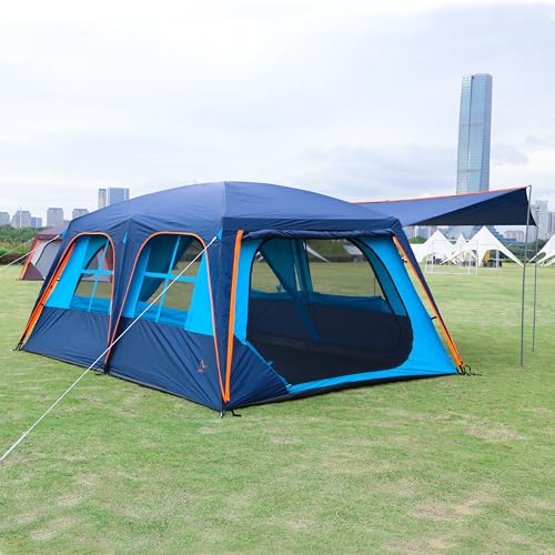 KTT Extra Large Tent 10-12-14 Person(Style-B),Family Cabin Tents,2 Rooms,3 Doors and 3 Windows with Mesh,Straight Wall,Waterproof,Double Layer,Big Tent for Outdoor,Picnic,Camping,Family Gathering