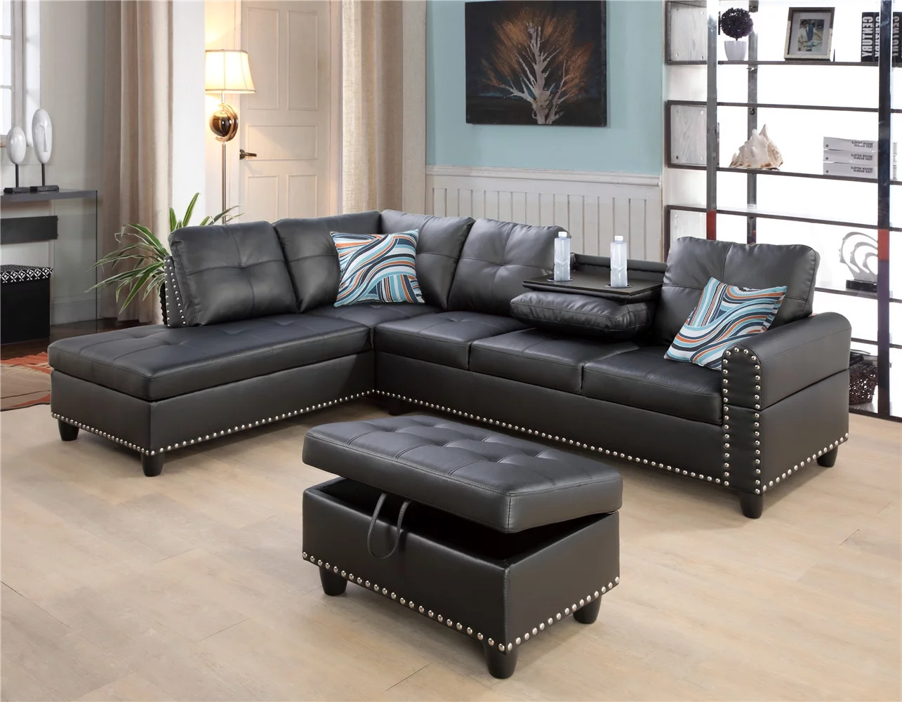Ponliving Furniture Room Sectional Set, Leather Sectional Sofa in Home, with Storage Ottoman and Matching Pillows Left Hand Facing Black