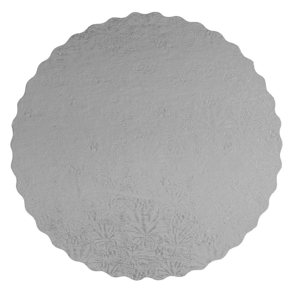 Enjay Round Silver Embossed Scalloped Pressboard Bakery Cake Board 10 inch Diameter, Case of 200