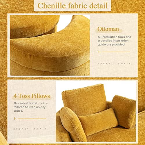 Chair and A Half with Ottoman, 360° Swivel Accent Barrel Chair Modern Comfy Round Reading Sofa Swivel Chairs Circle Lounge Chair for Bedroom Living Room w/4 Pillow Lower Seating Heigh (White, Large)