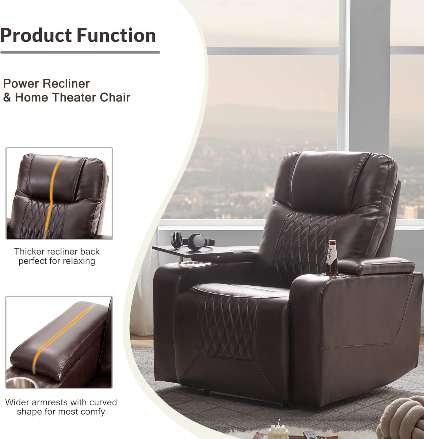 Power Motion Chair with USB Charging Port and Hidden Arm Storage 2 Convenient Cup Holders Design and 360° Swivel Tray Table,Assisted Reclining Furniture for Elderly & Disabled, Brown