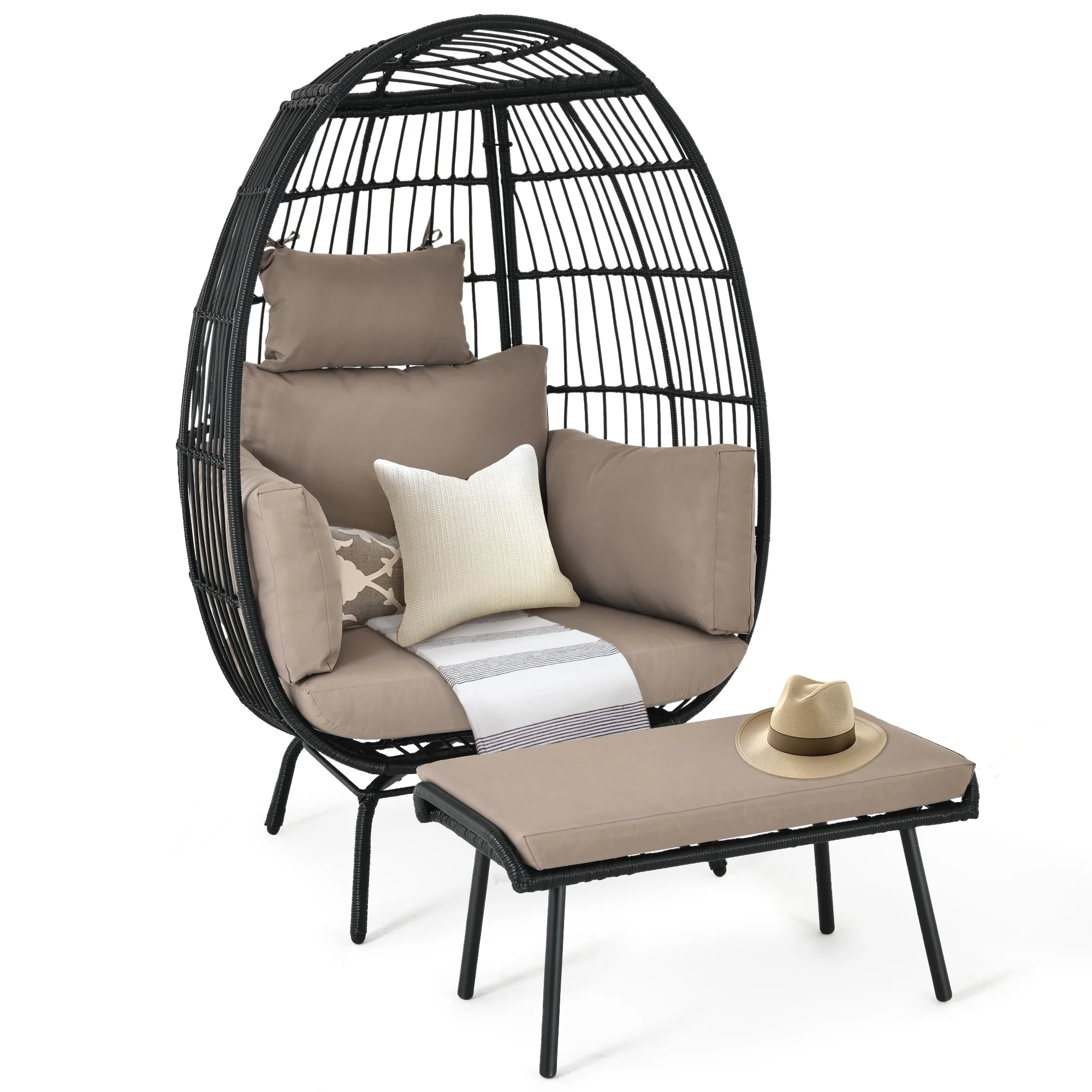 DEXTRUS Wicker Egg Chair with Ottoman,with Stand, Cushions, Egg Chairs for Patio - Black