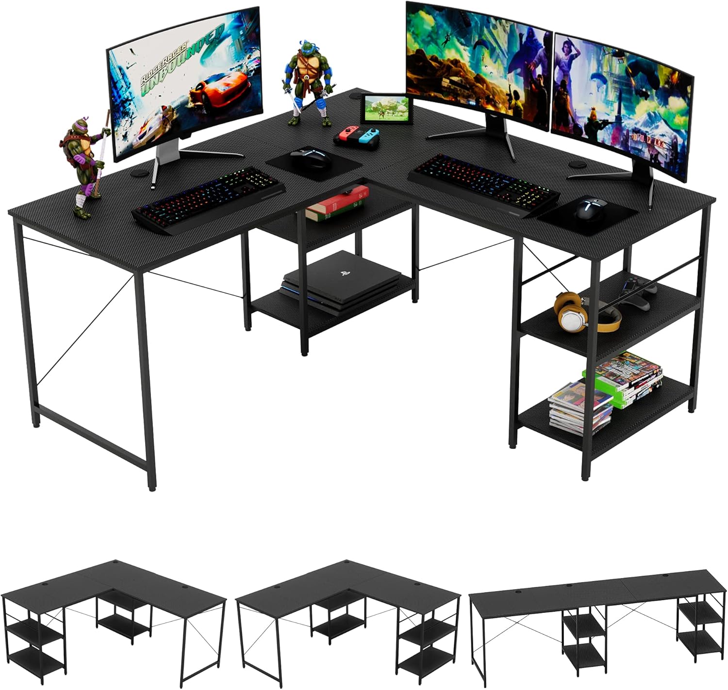 Bestier L Shaped Desk with Shelves 95.2 Inch Reversible Corner Computer Desk or 2 Person Long Table for Home Office Large Gaming Writing Storage Workstation P2 Board with 3 Cable Holes, Rustic Brown