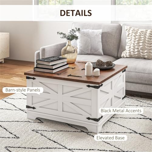 Farmhouse Square Storage Coffee Table with Hinged Lift Top Rustic Wood Center Table with Hidden Storage Compartment & Barn Door Panel Coffee Table for Living Room, Distressed White&Brown