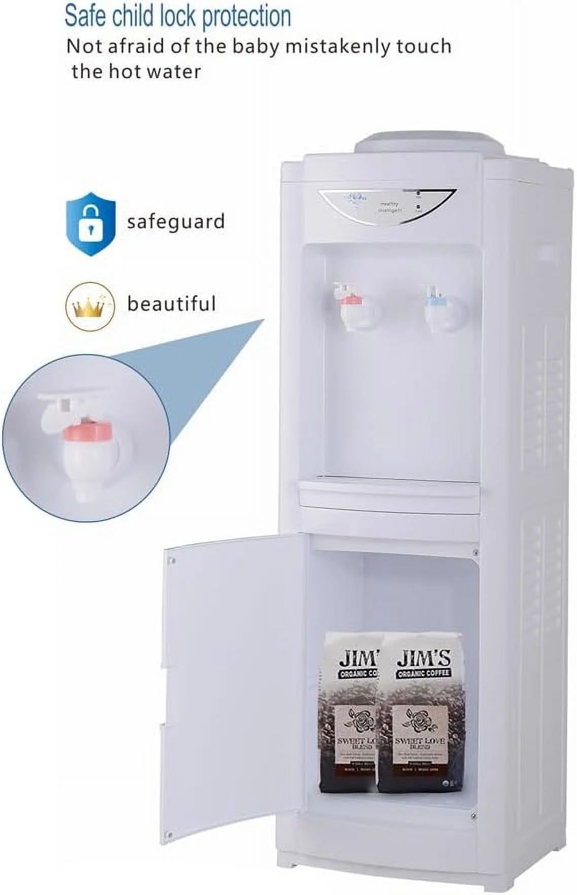 Hot & Cold Water Dispenser，Water Cooler Dispenser 5 Gallon Top-Loading Water Coolers with Child Safety Lock Removable Drip Tray & Storage Cabinet for Home Office (White)