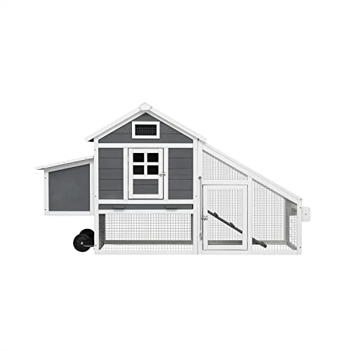 Large Wooden Chicken Coop Outdoor, 70" Chicken Hutch with Wheels, Removable Tray, Ramp, Waterproof, Rabbit Hutch, Bunny Hutch, Pet House for Small Animals(Gray)
