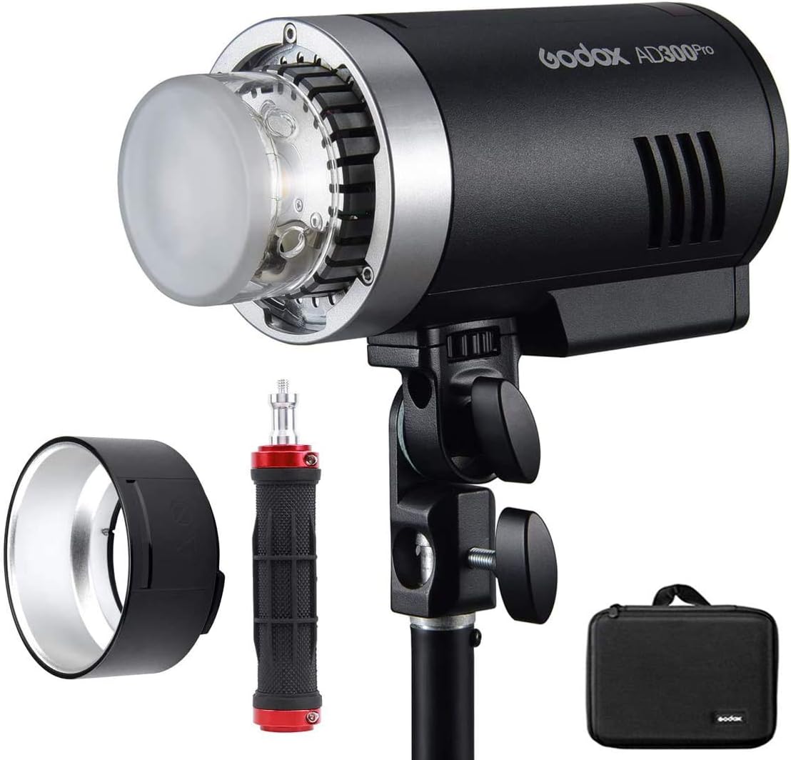 Godox AD300Pro AD300 Pro, 300W 2.4G TTL Flash Strobe Monolight, 1/8000 HSS, 0.01-1.8S Recycle Time, 300 Full Power Pops, 5600±100K, 12W Brightness Adjustable Bi-Color Modeling Led, W/Handheld Grip