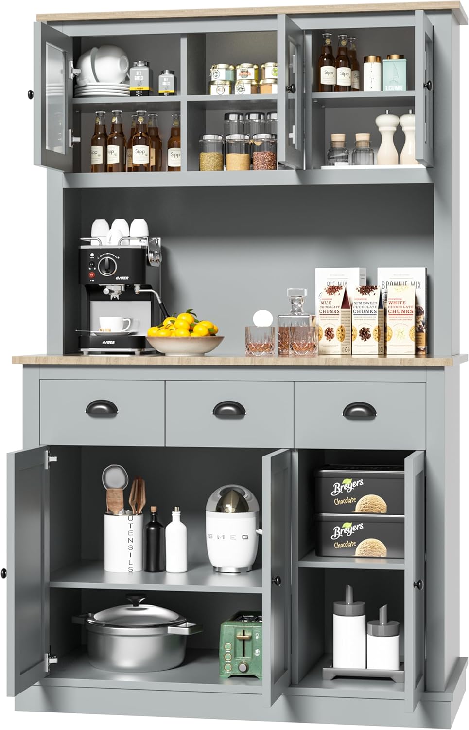 MU 71" Kitchen Hutch Storage Cabinet with Countertop, Tall Freestanding Kitchen Pantry Cabinet with Drawers, Drawers & Microwave Shelf, China Hutch for Kitchen, Dining Room, Living Room, Grey