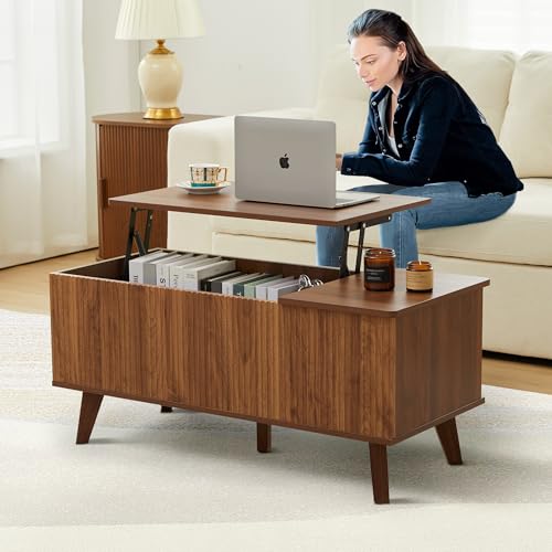 Mid-Century Modern Rectangular Wood Coffee Table with Dual Storage Shelf, Storage Center Coffee Tables with Waveform Panel Sliding Door Dining Table for Living Room Apartment(Walnut)