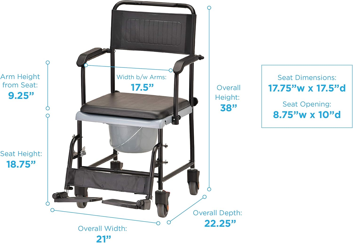 NOVA Medical Products Drop Arm (for Easy User Transfer) Transport Chair Commode, Rolling with Locking Wheels & Removable Padded Seat, Hammertone 1 Count