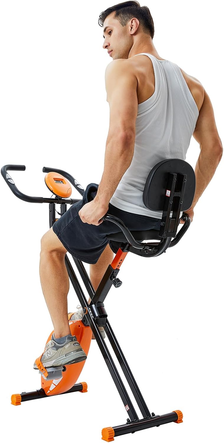 FULLFIT Folding Exercise Bike, Foldable Fitness Stationary Bike Machine, Upright Indoor Cycling Bike, Magnetic X-Bike Adjustable Resistance, Bottle Holder & Back Support Cushion for Home Gym