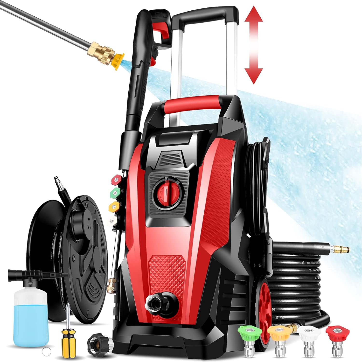 Pressure Washe, Suyncll Electric Power Washer Portable Cleaner Machine with 5 Nozzles and Hose Reel,for Homes, Cars, Driveways