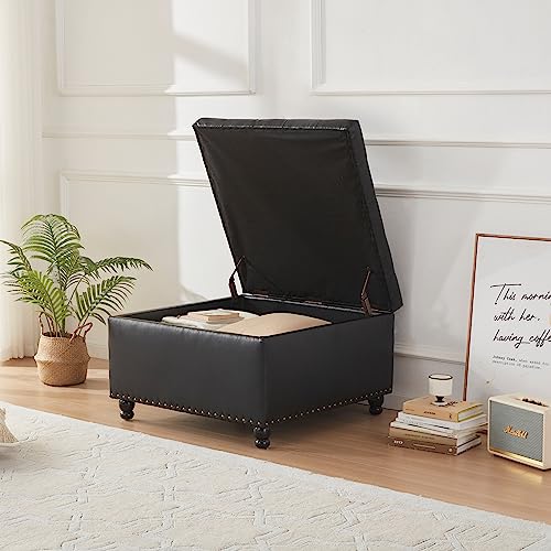 Kingfun Square Ottoman Coffee Table, Large Leather Ottoman with Storage Tufted Upholstered Bench, Oversized Footrest for Living Room, Brown