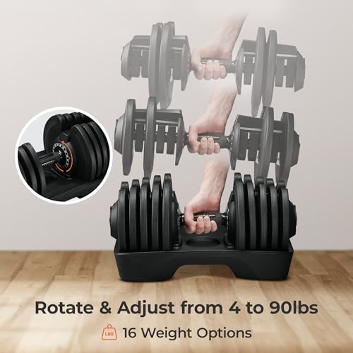 Lifepro Adjustable Dumbbells - 15Lb 25Lb 43Lb 55Lb 90Lb 6in1 Dumbbells Adjustable Weight, Compact Quick Adjustable Dumbbells set/single for Full Body Exercise & Fitness Home Gym