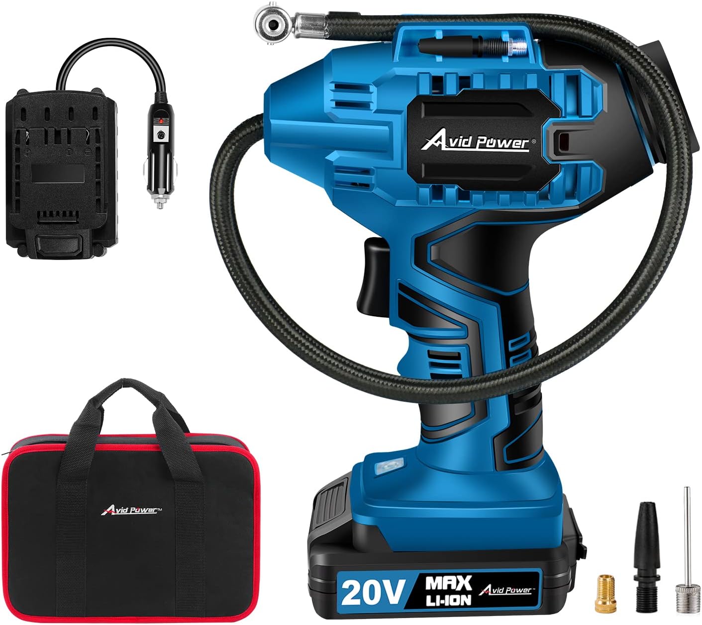 Avid Power Tire Inflator Air Compressor, 20V Cordless Car Tire Pump with Rechargeable Li-ion Battery, 12V Car Power Adapter, Digital Pressure Gauge