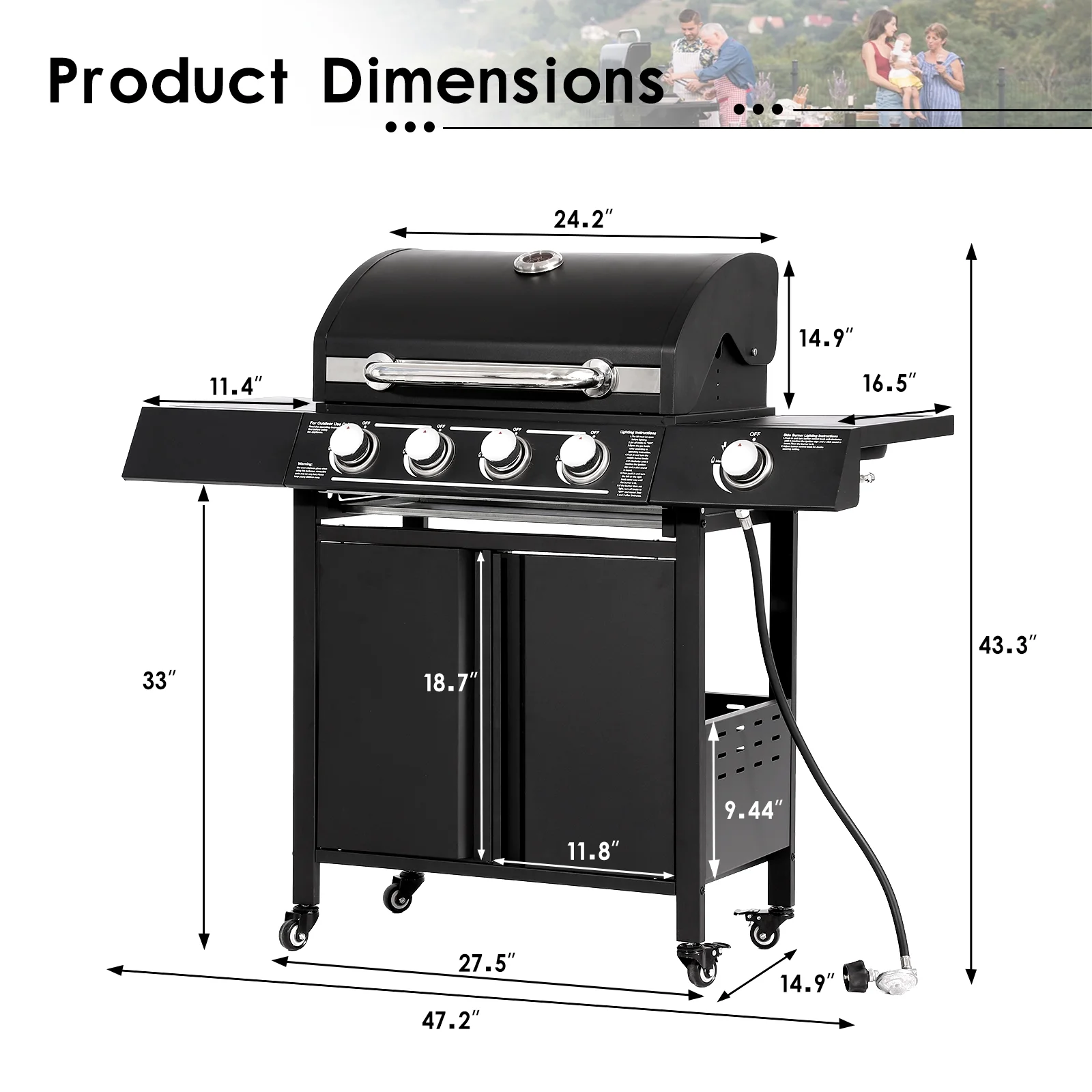 Magic Union 4-Burner Propane Gas Grill with Side Burner and Stainless Steel Grates 50,000 BTU Outdoor Cooking BBQ Grills Cart