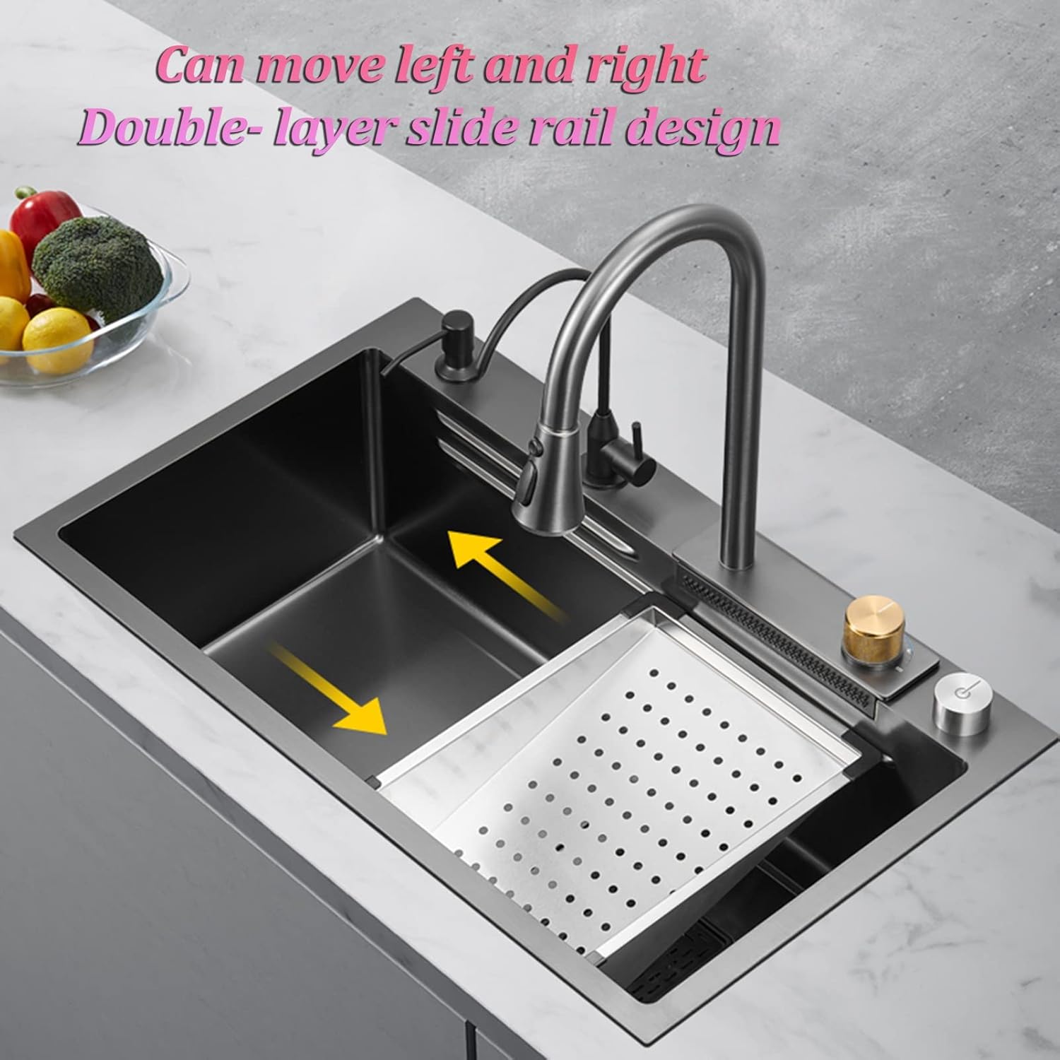 Kitchen Sink,New Stainless Steel Waterfall Sink,Bar Sink, 304 Stainless Steel Sink, with Cup Washer Sinks, Drop-in Or Undermount Installation (Black Grey)