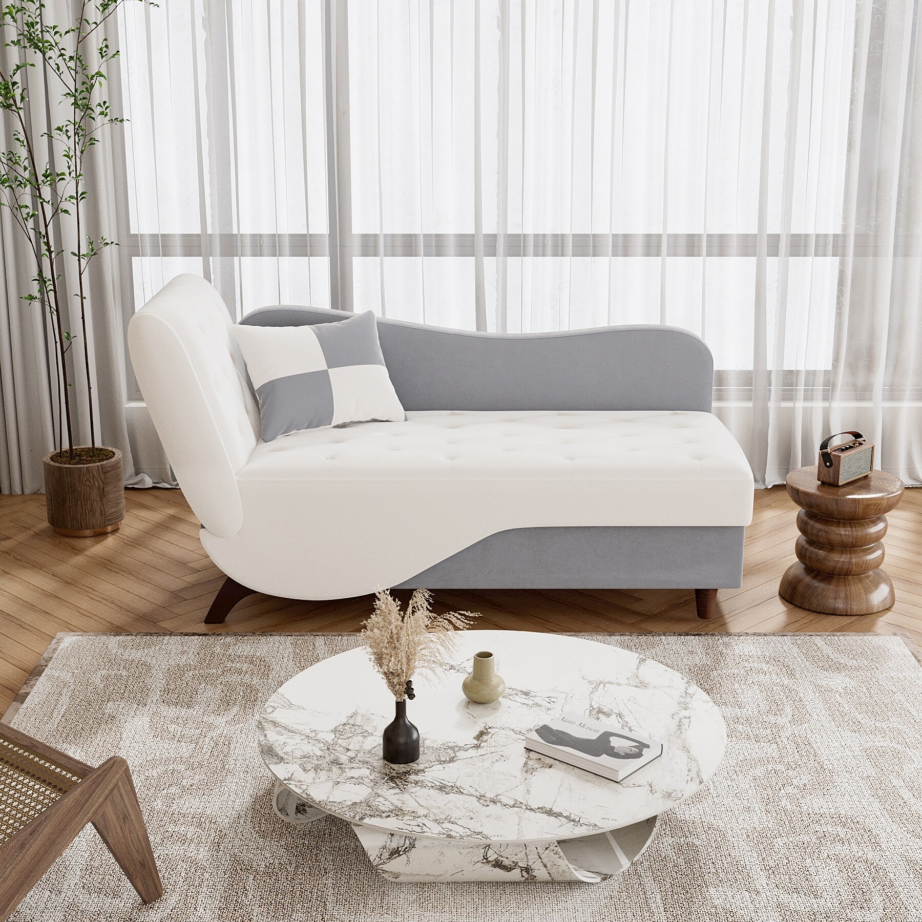 Ouyessir Upholstered Storage Chaise Lounge Chair with Left Armrest & Lumbar Pillow White