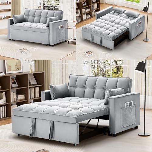 Convertible Sleeper Sofa Bed, Velvet Pull Out Couch Bed,3-in-1 Convertible Upholstered Loveseat Sofa,Velvet Futon Couch with Adjustable Backrest for Living Room,Dark Grey