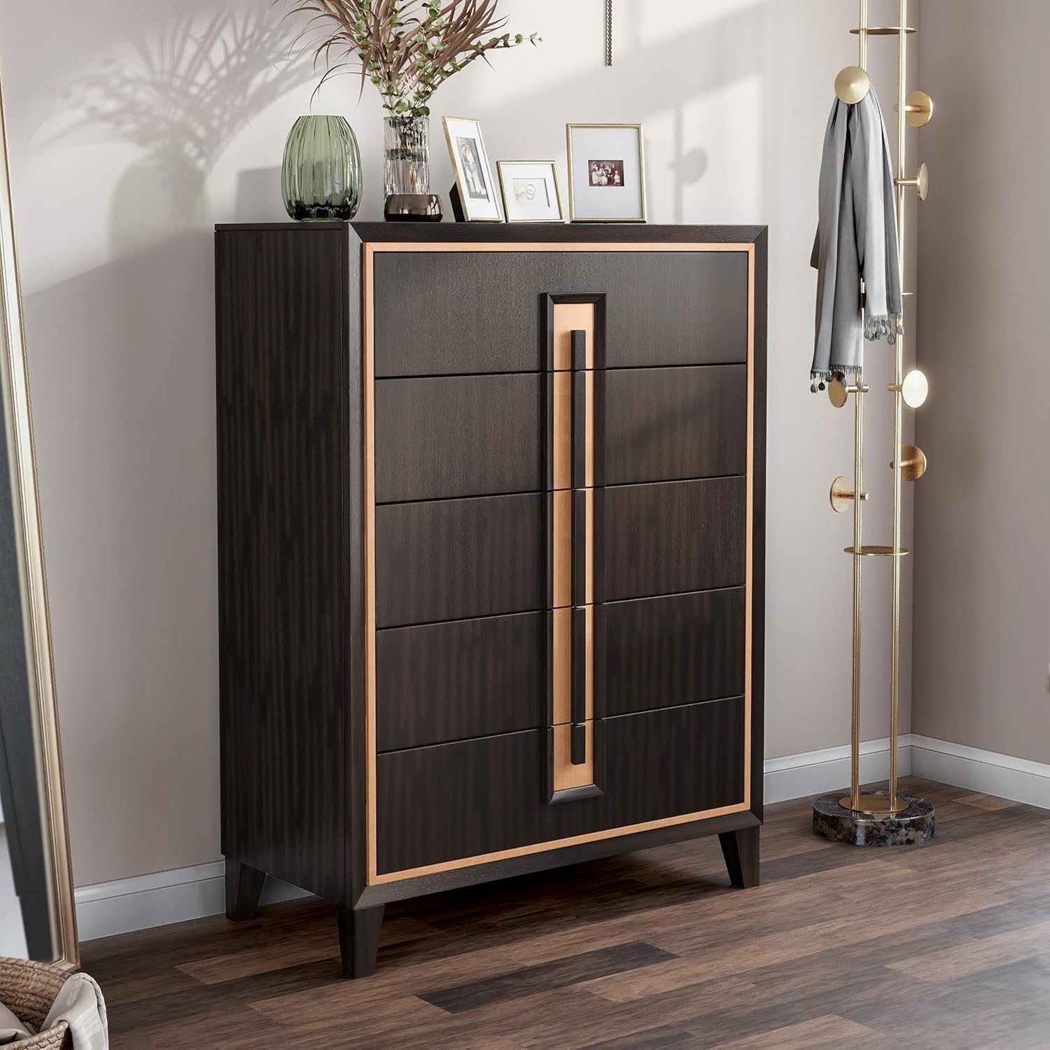 Furniture of America Delbert Modern Solid Wood Chest with Clothing Storage and Gold Accent Trim, 5-Drawer Cabinet, Tall Dresser for Bedroom, Guest Room, Space Saving, Espresso