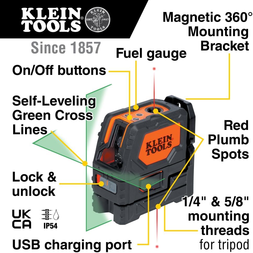 Klein Tools 93LCLGR Self-Leveling Laser Level, Rechargeable, Cross-Line Level with Bright Green Lines, Red Plumb, Magnetic Mounting Clamp