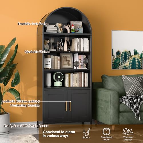 73 in Tall Metal Arched Bookcase, 5-Tier Arched Bookcase with Doors, Modern Farmhouse Bookshelf with 2 Adjustable Shelves, Kitchen Pantry Cabinet for Living Room, Black, Assembly Required