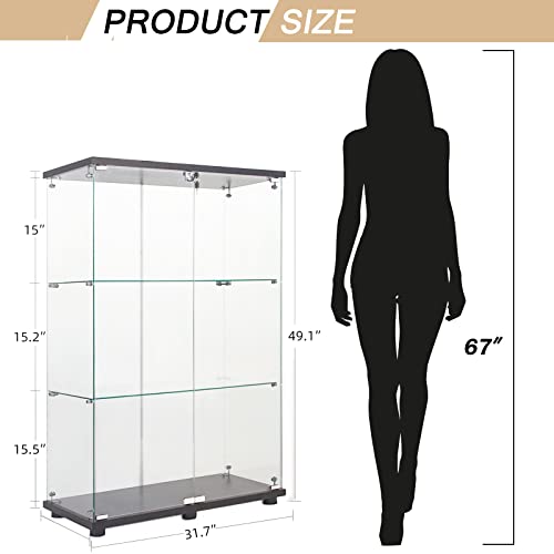 Glass Display Cabinet, 3 Shelves Glass Curio Cabinet Display Case, Floor Standing Glass Bookshelf Corner Cabinet for Living Room Bedroom Home Officee, 49.3" H x 16.7" W x 14.3" D, White