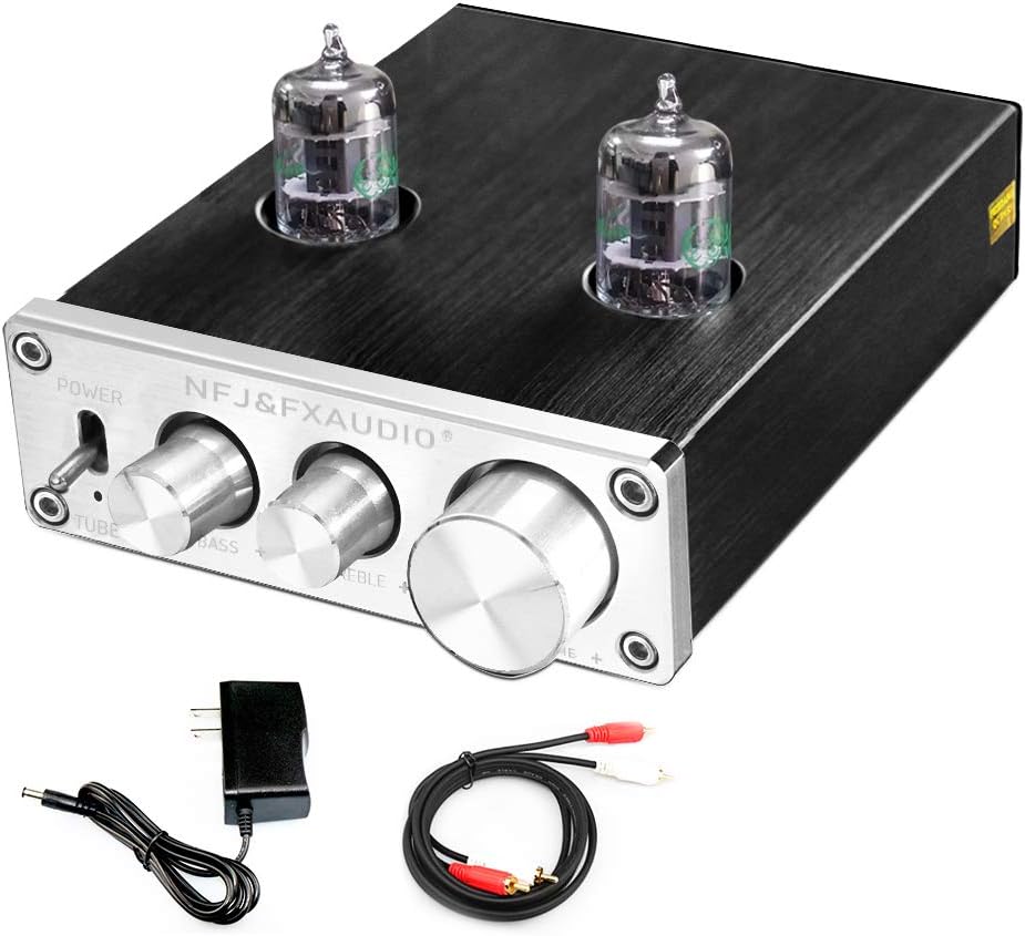 FX AUDIO GE5654 Tube Preamplifier for Home Audio HiFi Stereo Vacuum Buffer Tube Preamp with Bass and Treble Control with RCA Input/Output 12V/1A Power Supply(Black)