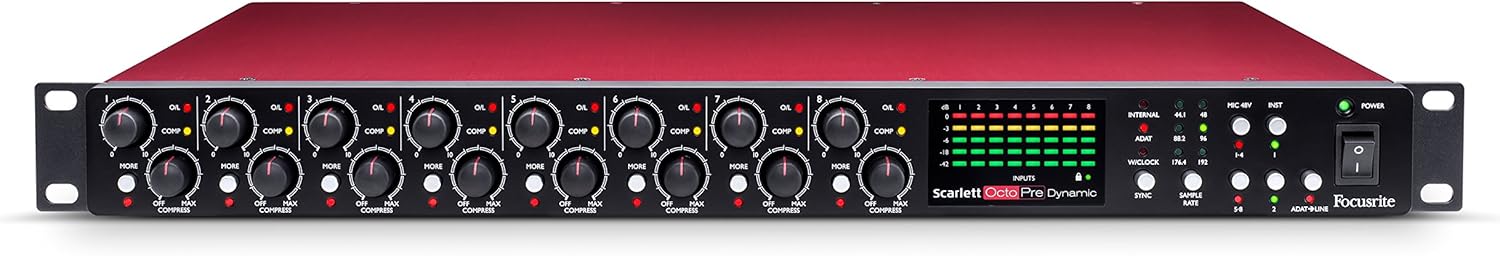 Focusrite Scarlett OctoPre Dynamic 8-Channel Mic Pre Expansion with Analog Compression, 8 In/8 Out, Red