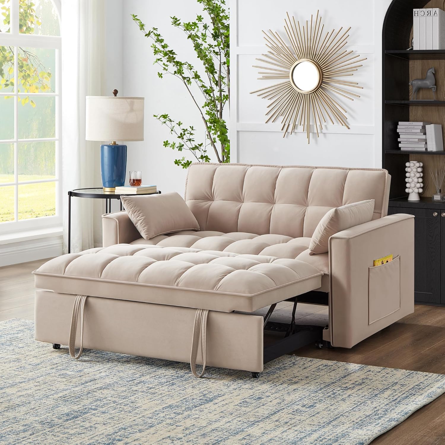 3 in 1 Multi-Functional Futon Loveseat Pull Out Couch Bed, Convertible Sleeper Sofa Bed with Adjustable Backrest and Pillows , 2 Seater Love Seat Lounge Chaise for Living Room Office RV Furniture
