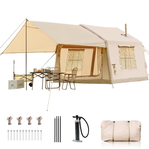 Inflatable Tents for Camping, Blow Up Tent with Hand Pump, Easy Setup Inflatable Hot Tent with Stove Jack, Waterproof Oxford Air Glamping Tents for Camping Adult 4-6 Person