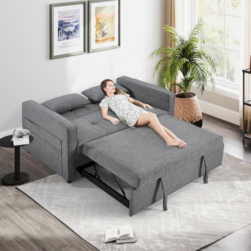 3-in-1 Convertible Sleeper Sofa Bed, Futon Couches with Pullout Bed, 2-Seater Loveseat Sofa with Storage Pockets, Adjustable Backrest and Toss Pillows for Living Room Apartment, Grey